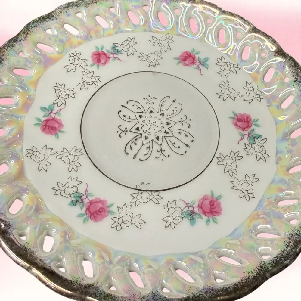 Vintage Royal Sealy China Japan Iridescent Reticulated Rose Saucer 5.75